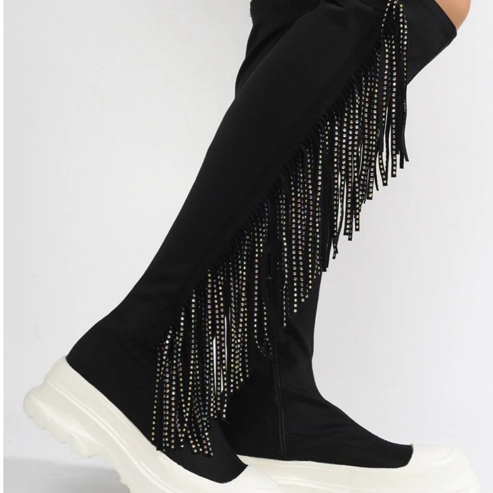 Black rhinestone fringe chunky heel boots women’s size 8